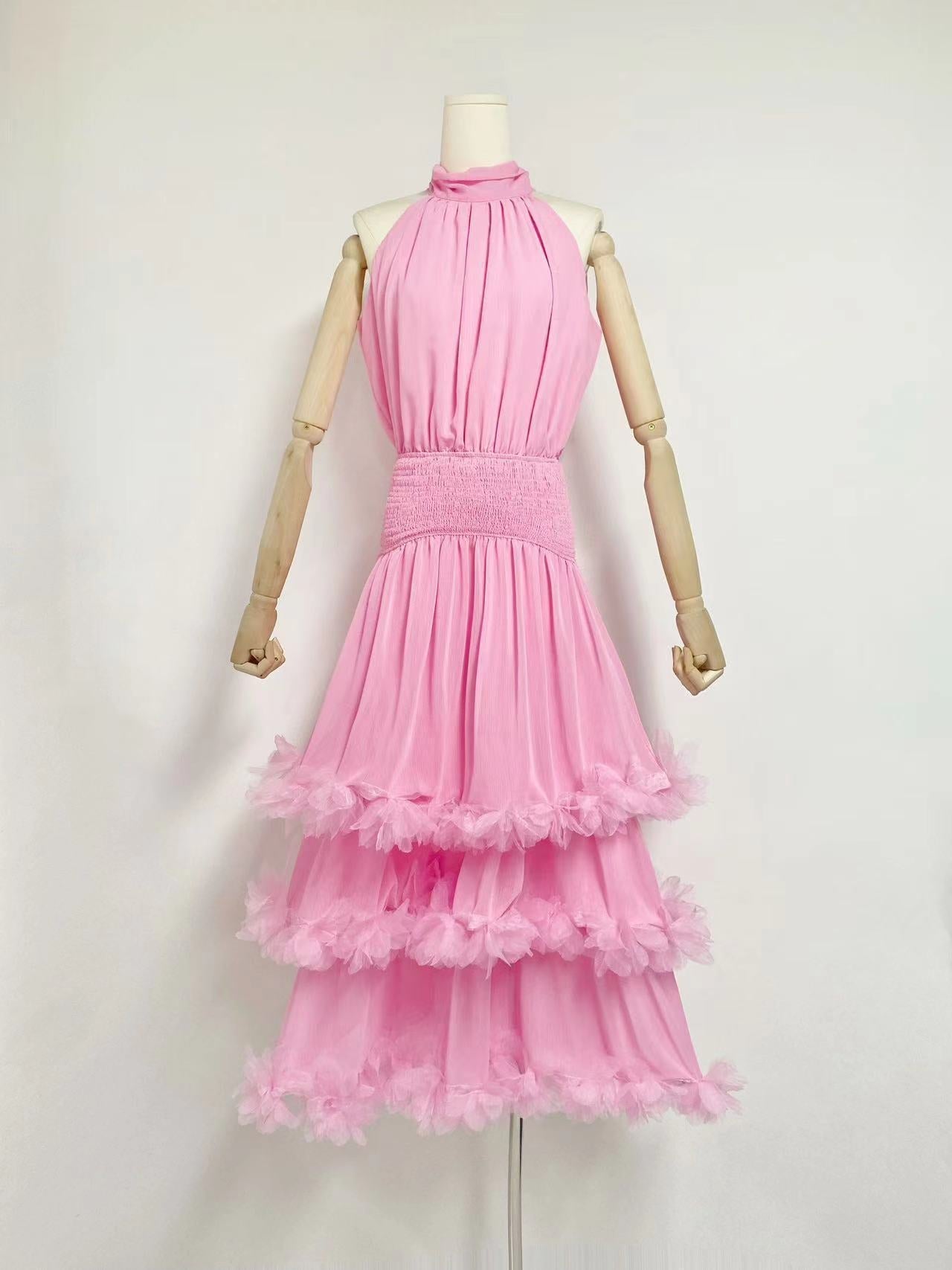 3D Floral High-Neck Evening Gown – Elegant Pink