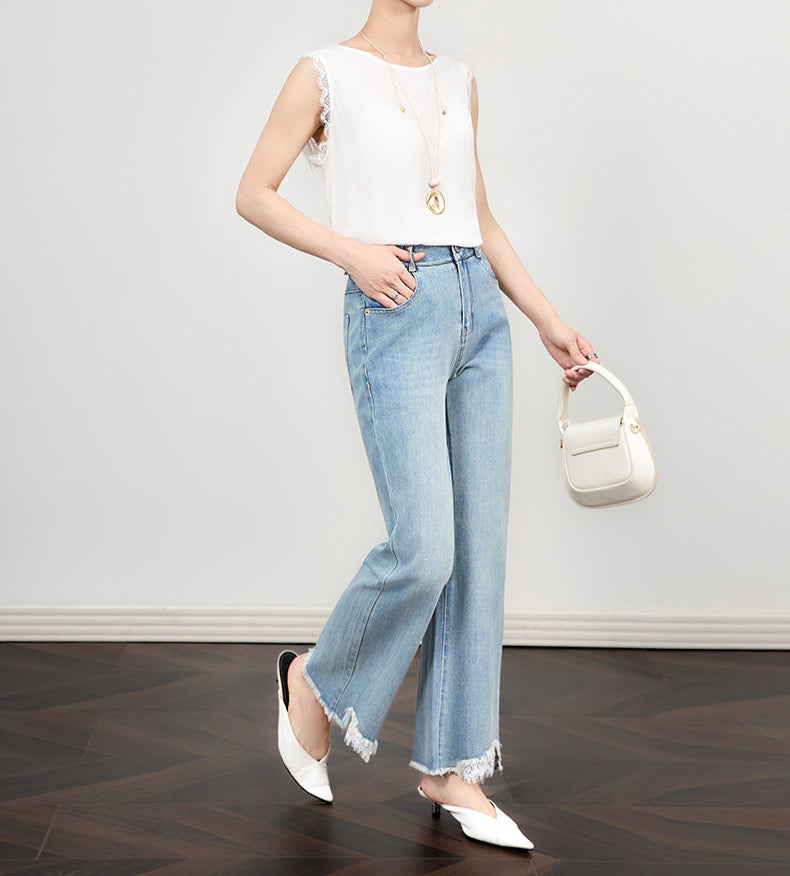 High Waist Wide-Leg Jeans with Lace Hem