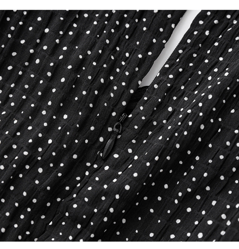 Romantic Polka Dot Midi Dress with Ruffle Sleeves and Necklace Detail