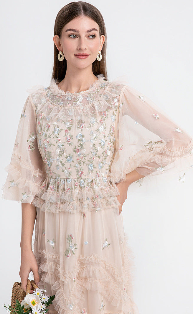 Ruffled Long Dress with Sheer Tulle Hem