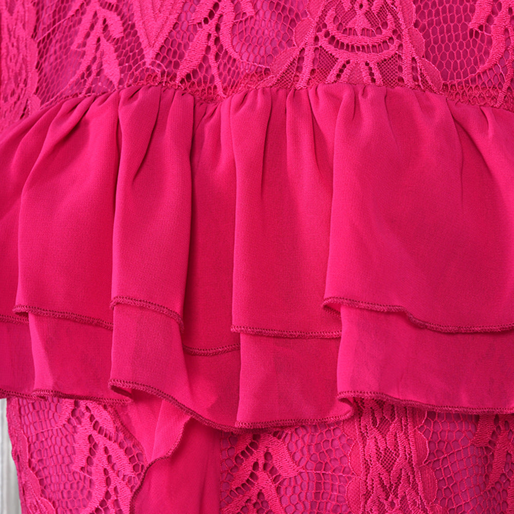 Frilled Short Sleeve Lace-Trim Lotus Dress