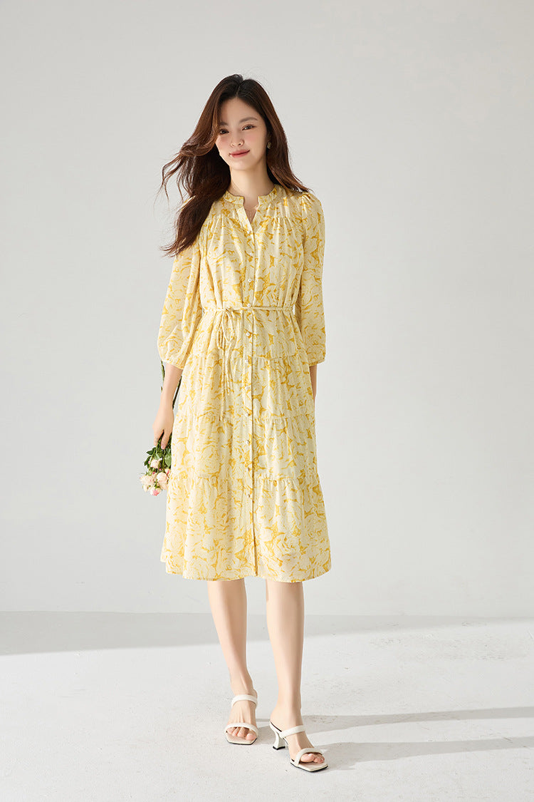 Yellow Floral Chiffon Long Dress