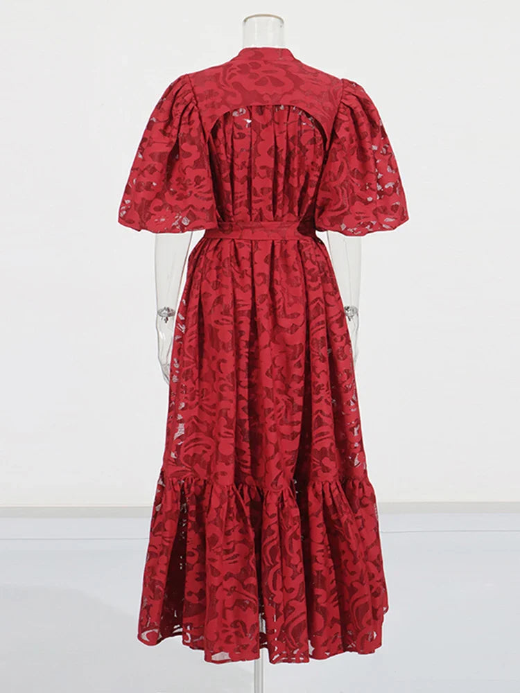 Patchwork Bow-Tie Balloon Sleeve Dress