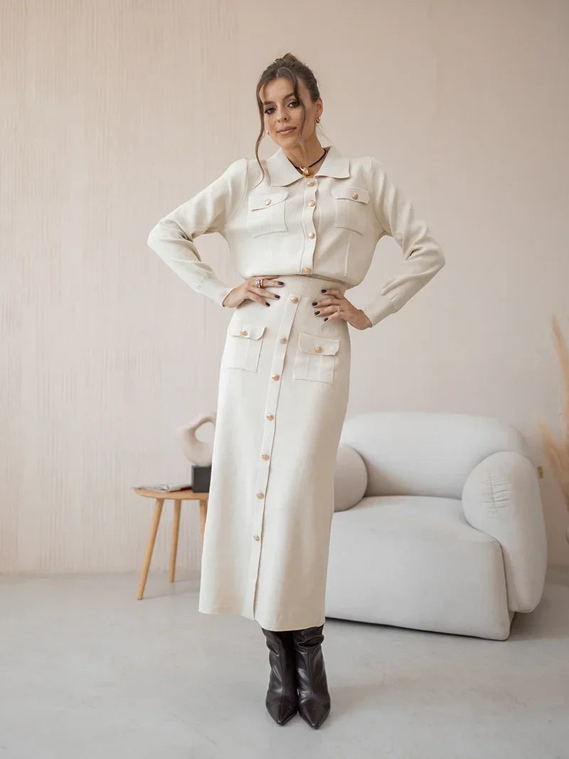 Elegant Knit Cardigan and Skirt Set