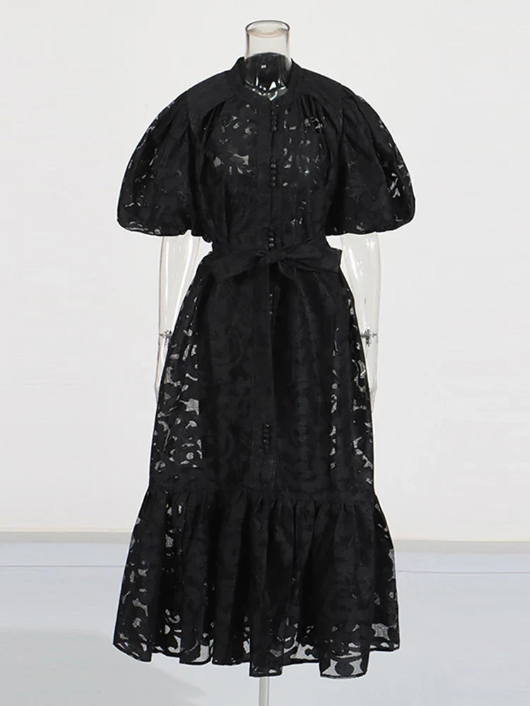 Patchwork Bow-Tie Balloon Sleeve Dress