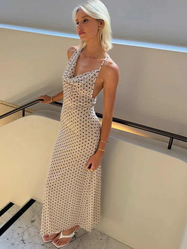 Polka Dot Spaghetti Strap Maxi Dress – Slim Fit Elegance