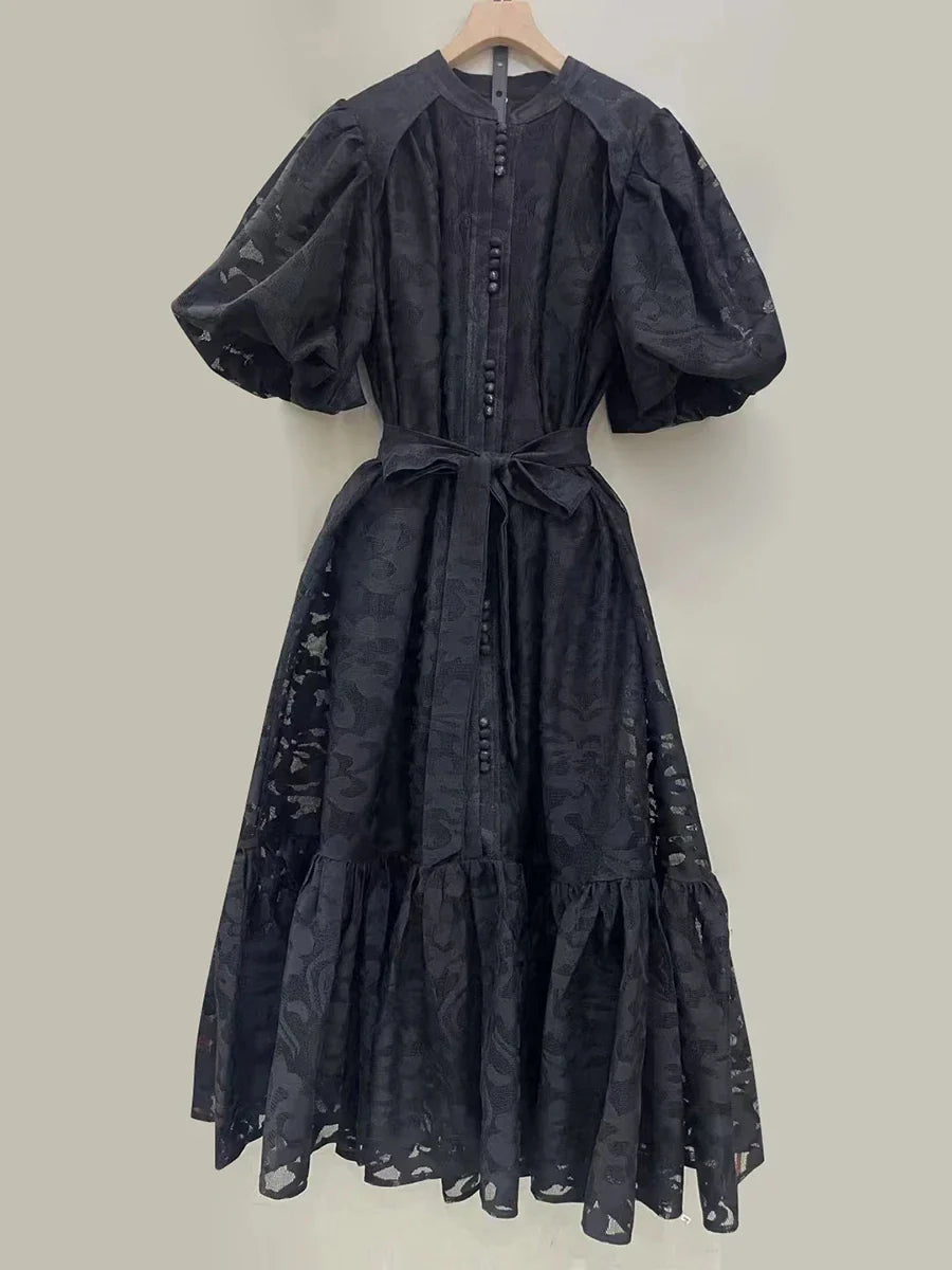 Patchwork Bow-Tie Balloon Sleeve Dress