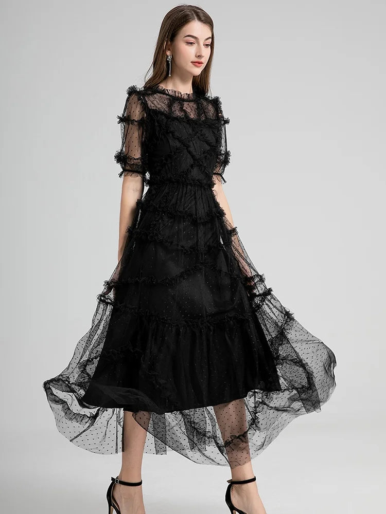 Polka Dot Puff Sleeve Maxi Dress