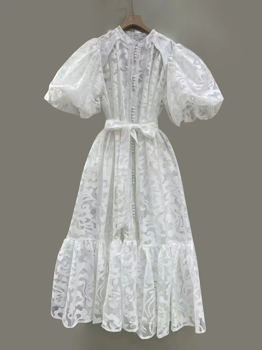 Patchwork Bow-Tie Balloon Sleeve Dress