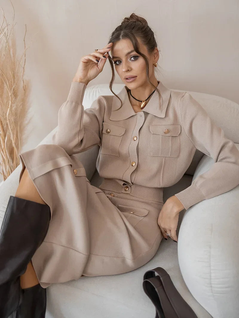 Elegant Knit Cardigan and Skirt Set