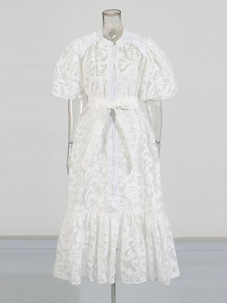 Patchwork Bow-Tie Balloon Sleeve Dress