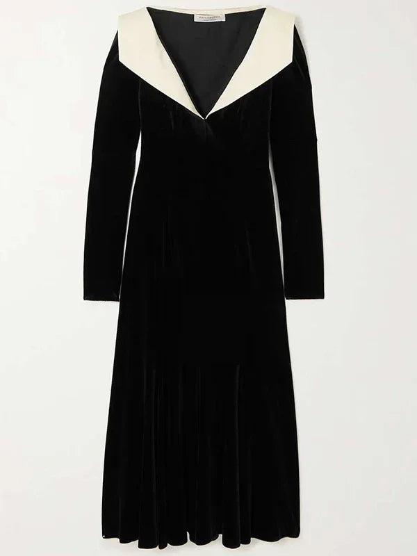 Black Velvet Maxi Dress – A-Line, Long Sleeve, Deep V-Neck