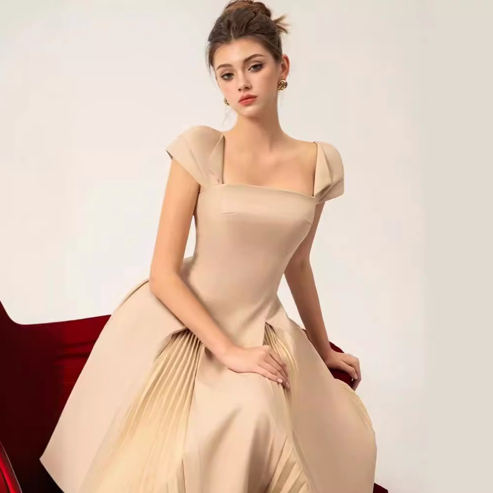 Apricot One-Shoulder Ruched Ball Gown – Elegant Crinkle Texture