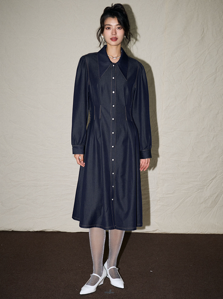 Button-Up Collar Detail Denim Dress – Classic & Timeless A-Line Style