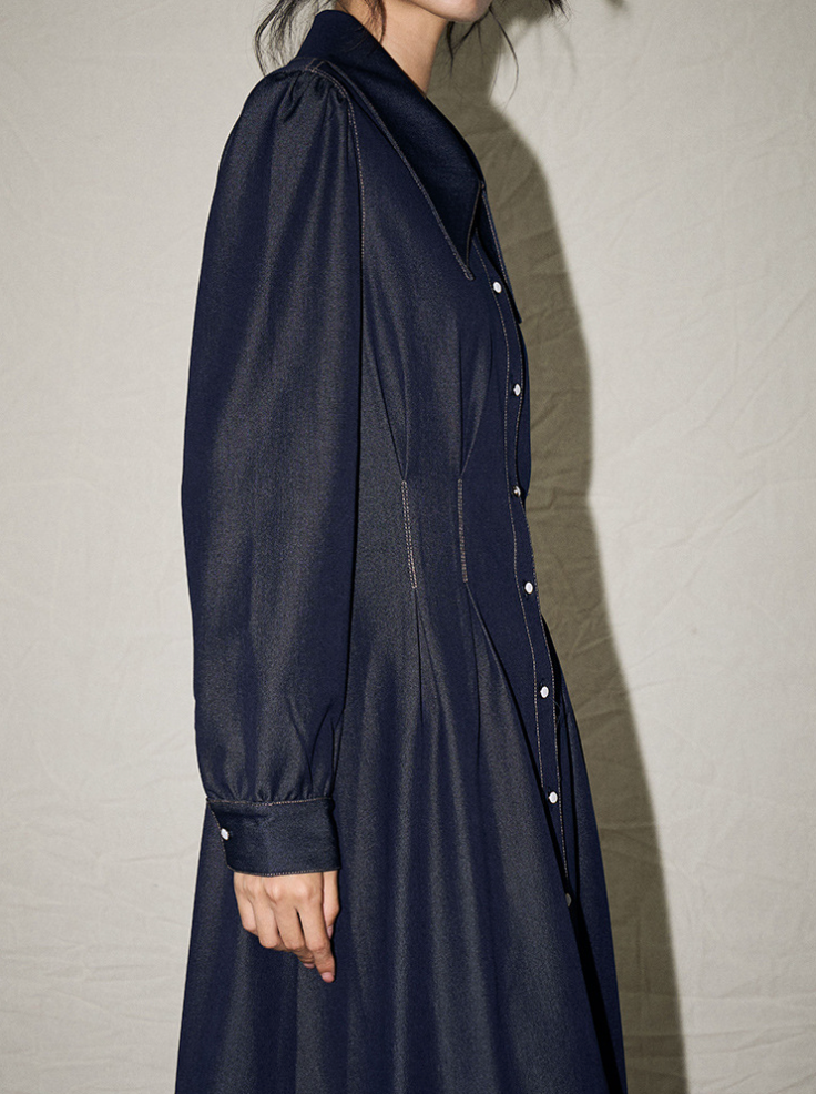 Button-Up Collar Detail Denim Dress – Classic & Timeless A-Line Style