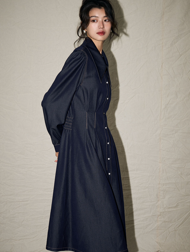 Button-Up Collar Detail Denim Dress – Classic & Timeless A-Line Style