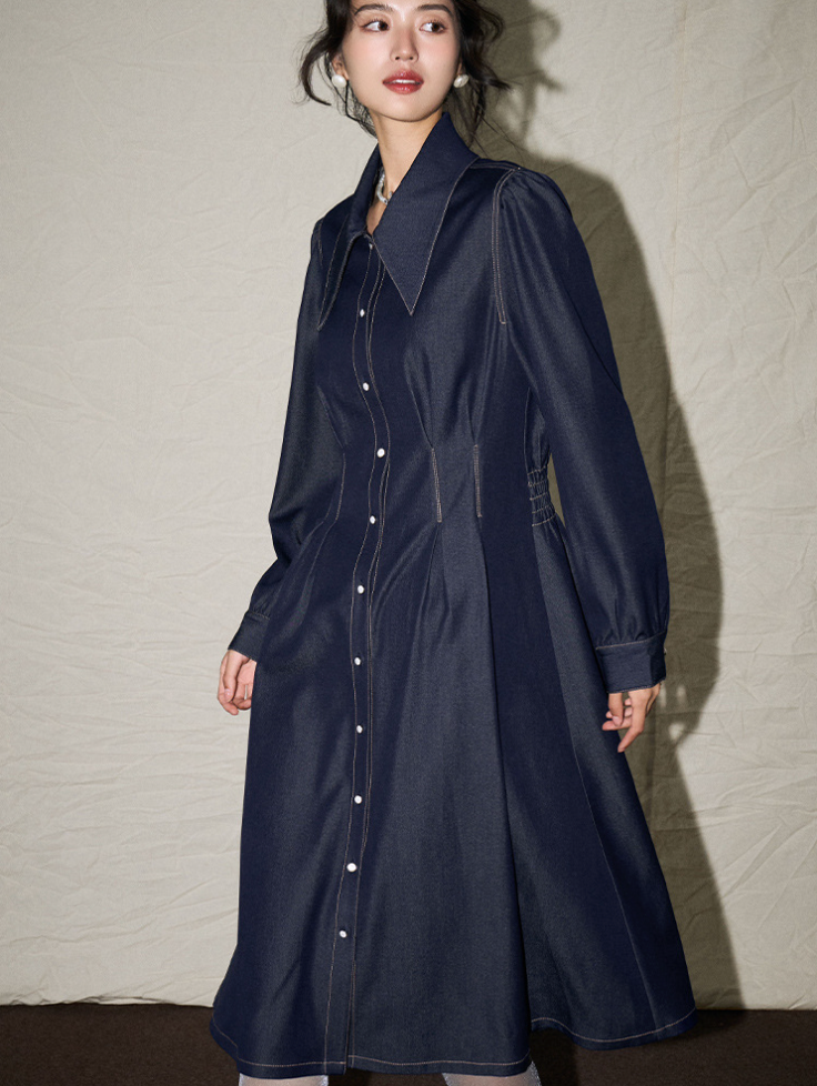 Button-Up Collar Detail Denim Dress – Classic & Timeless A-Line Style