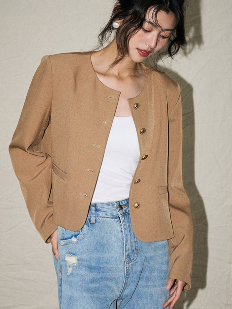 Classic Round Neck Short Wool Blend Jacket