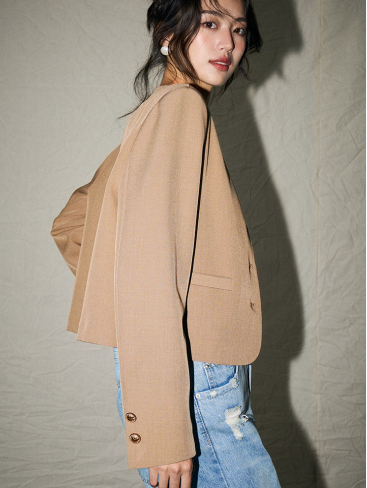 Classic Round Neck Short Wool Blend Jacket