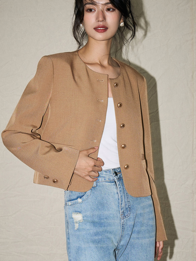 Classic Round Neck Short Wool Blend Jacket