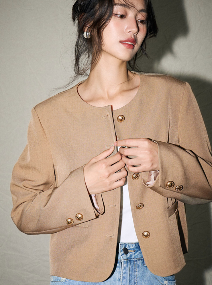 Classic Round Neck Short Wool Blend Jacket