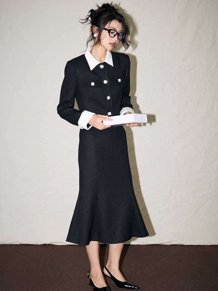 Elegant Contrast-Trim Mermaid Skirt Blazer Set