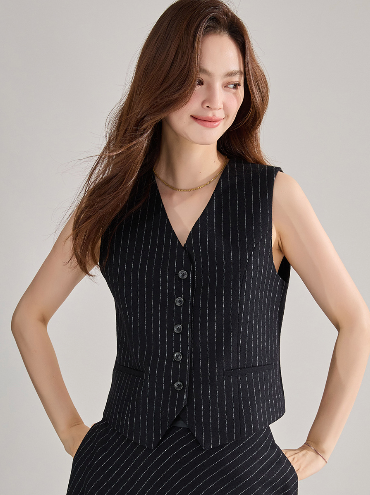 Classic French Style Pinstripe Vest & High-Waisted Skirt Set