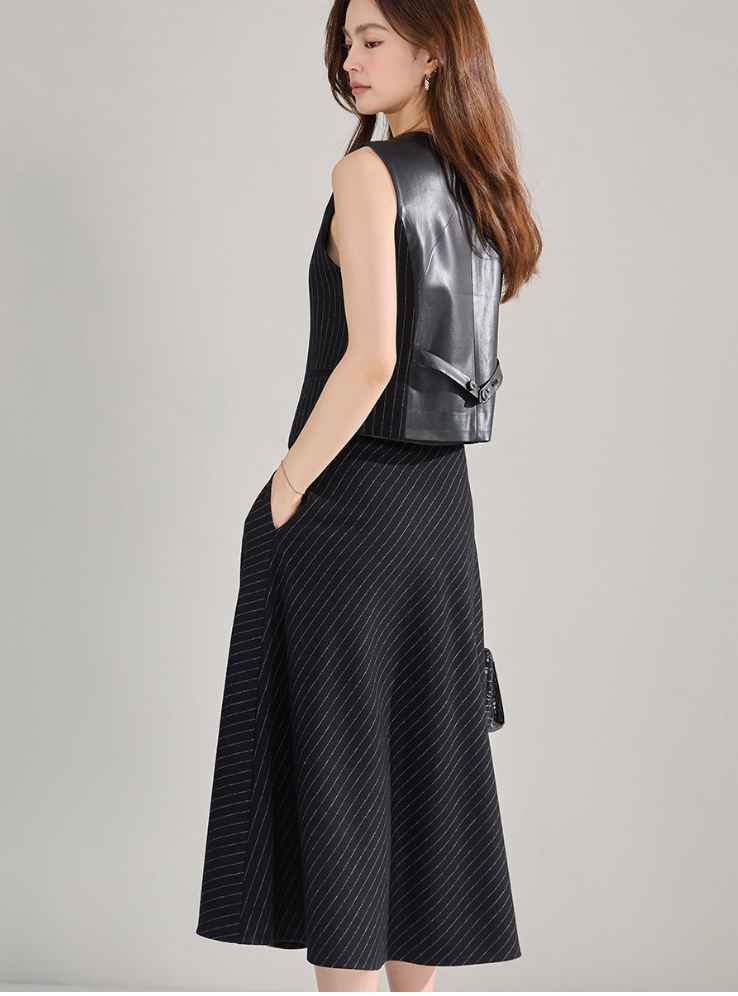 Classic French Style Pinstripe Vest & High-Waisted Skirt Set