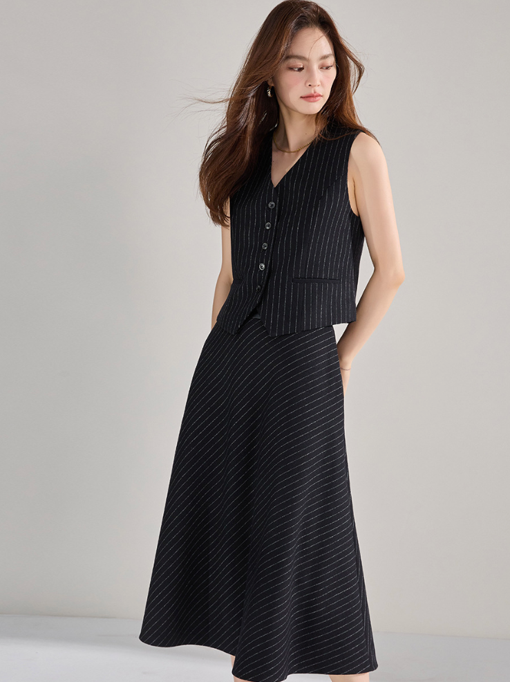 Classic French Style Pinstripe Vest & High-Waisted Skirt Set