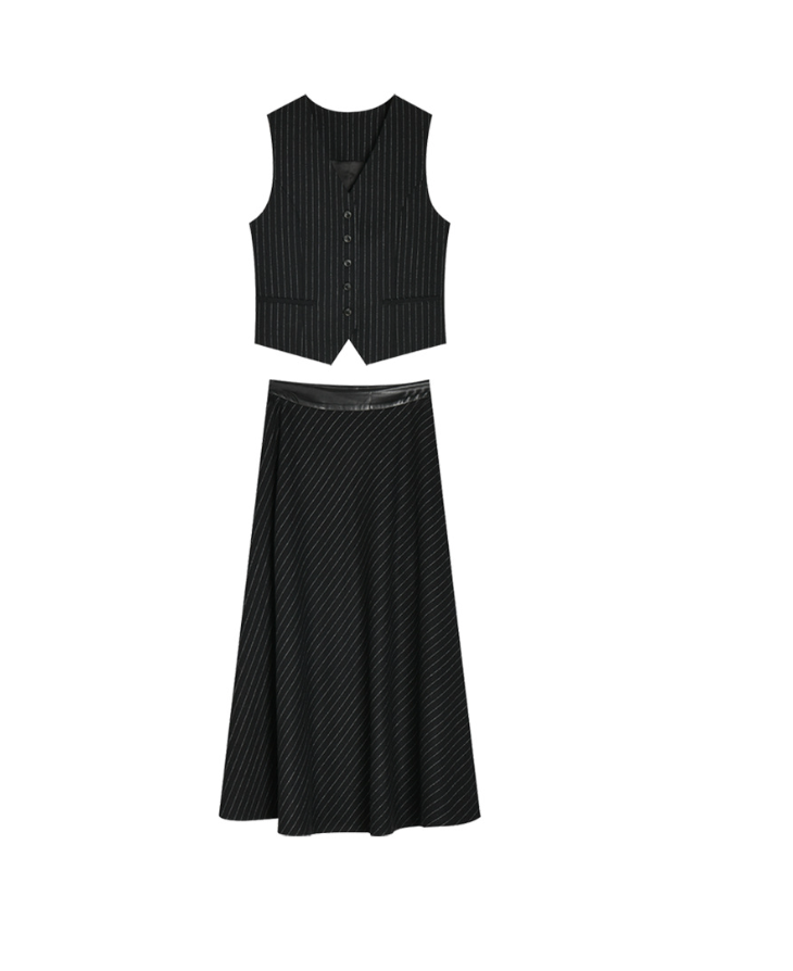 Classic French Style Pinstripe Vest & High-Waisted Skirt Set