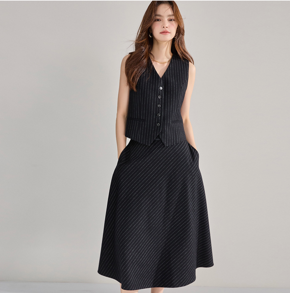 Classic French Style Pinstripe Vest & High-Waisted Skirt Set