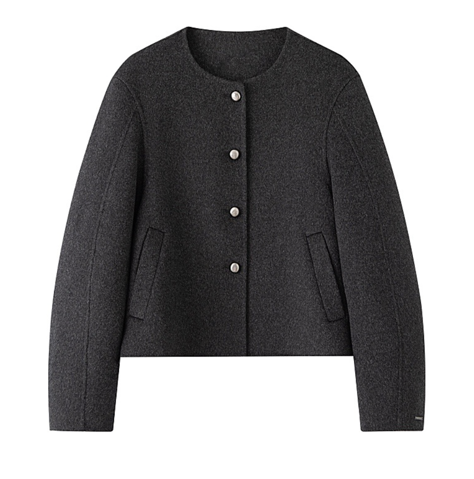 Short Wool Blend Round-Neck Jacket