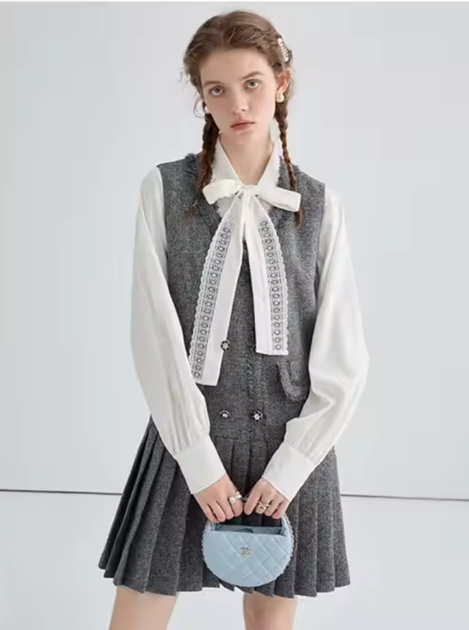 Preppy Pleated Midi Dress with Blouse – 2-Piece Set