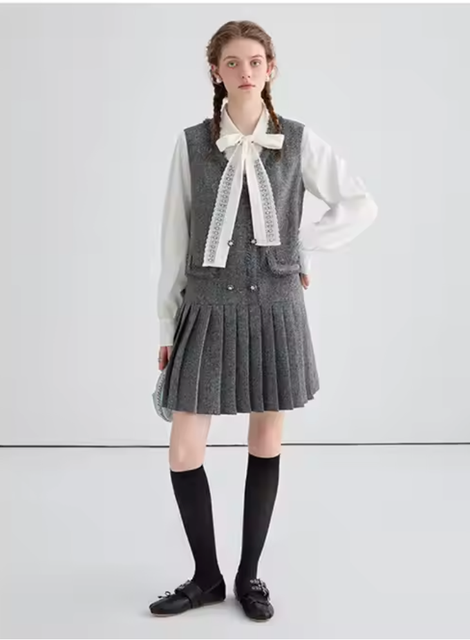 Preppy Pleated Midi Dress with Blouse – 2-Piece Set