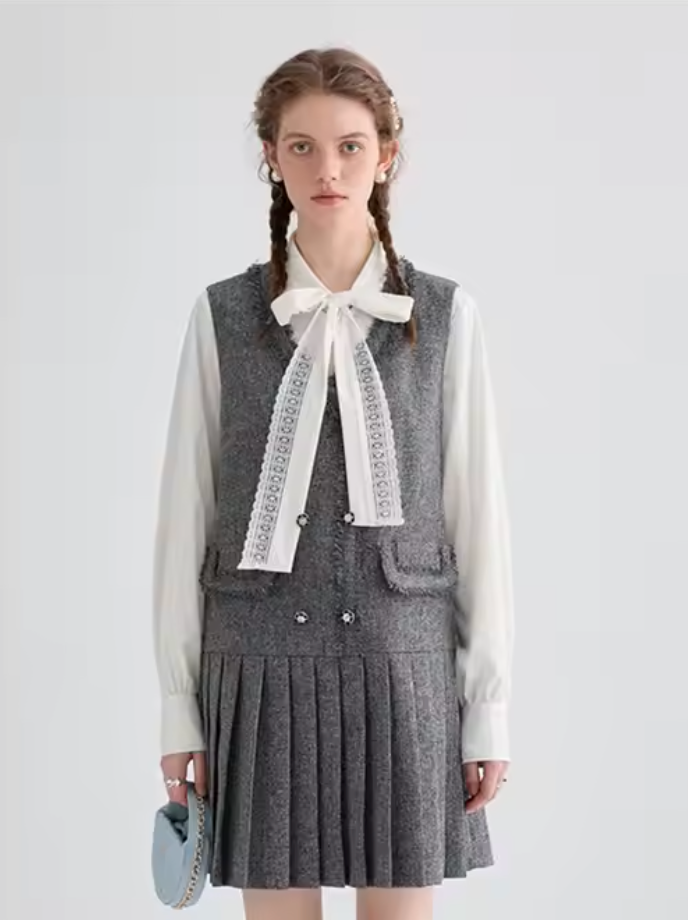 Preppy Pleated Midi Dress with Blouse – 2-Piece Set