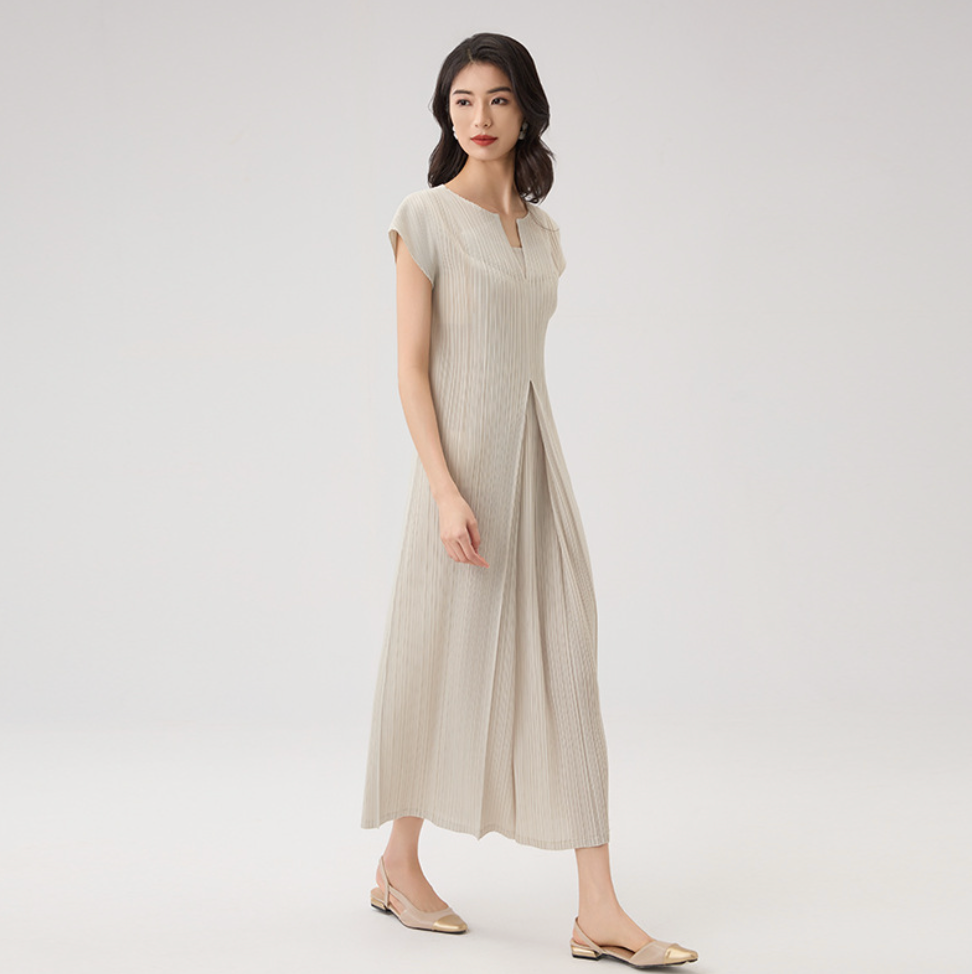 Pleated V-Neck A-Line Midi Dress