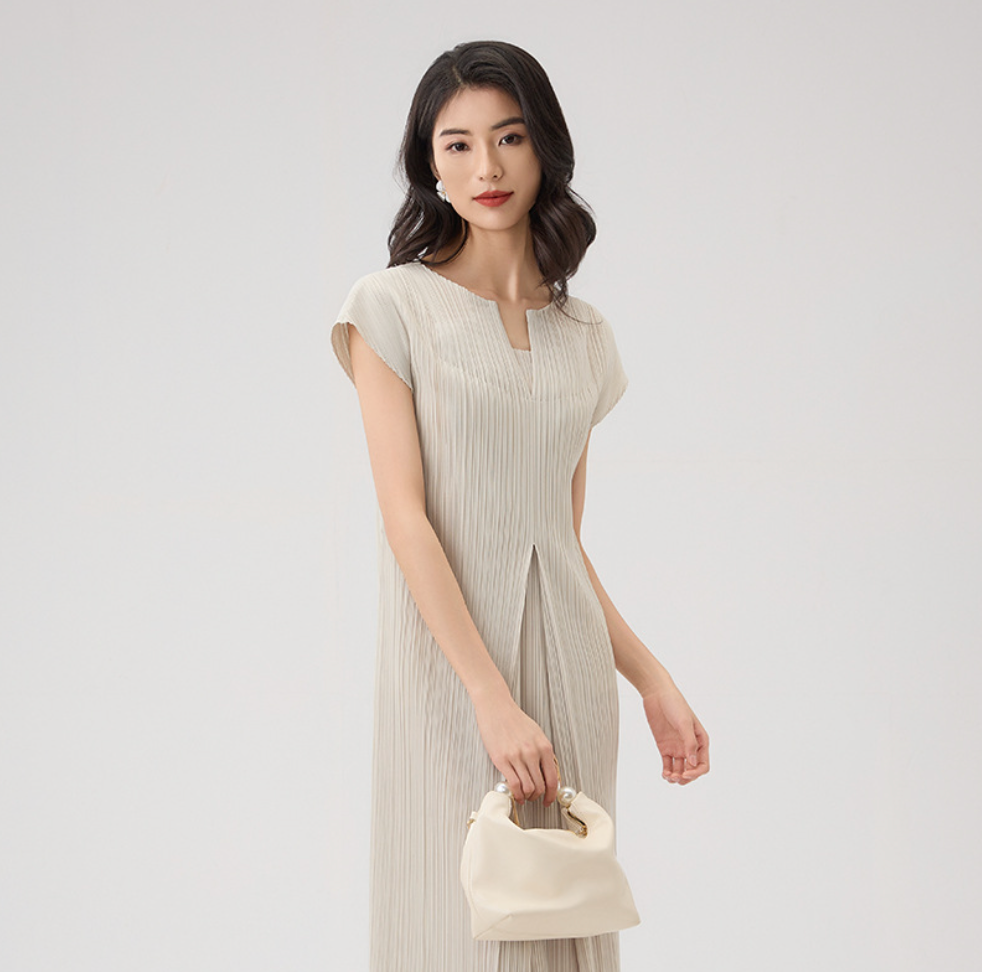 Pleated V-Neck A-Line Midi Dress