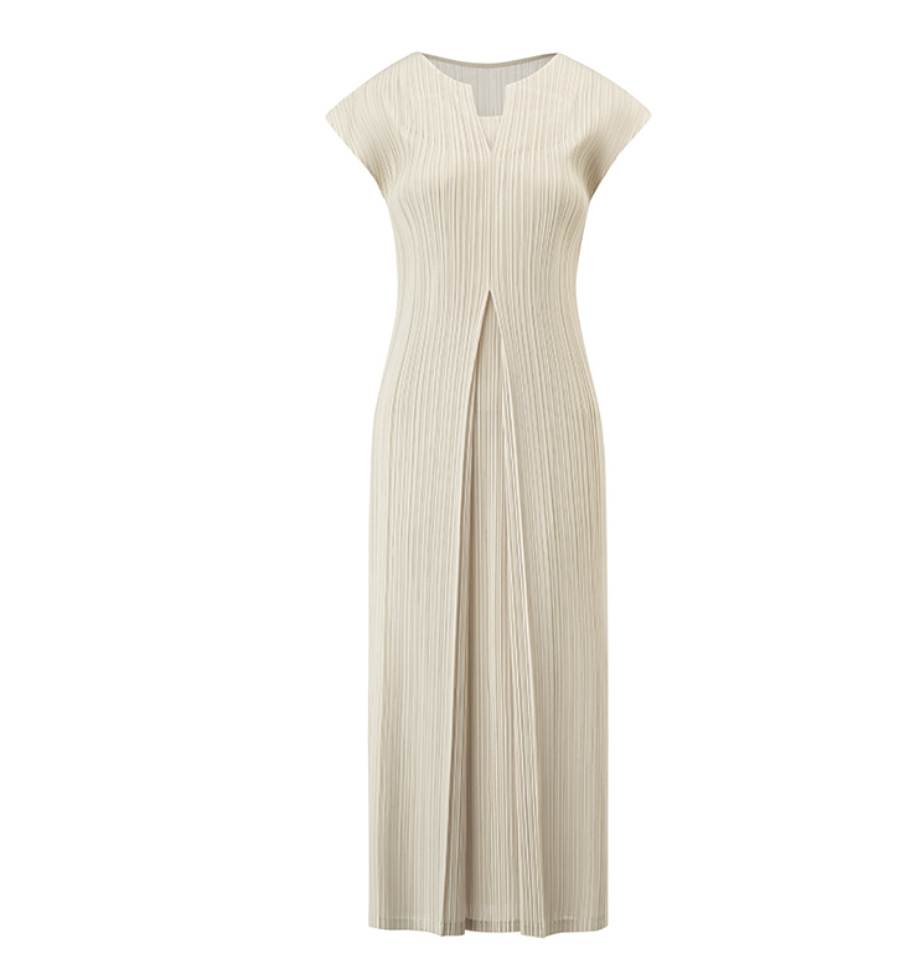 Pleated V-Neck A-Line Midi Dress
