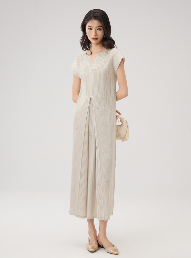 Pleated V-Neck A-Line Midi Dress