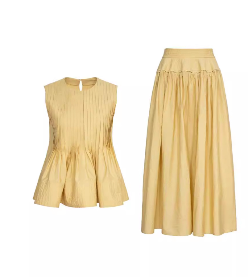 Yellow Top & High Waist Midi Skirt Set