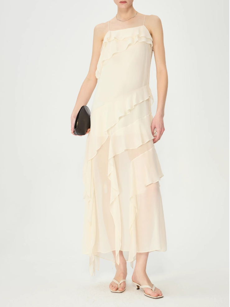Asymmetric Ruffled Strappy Long Dress