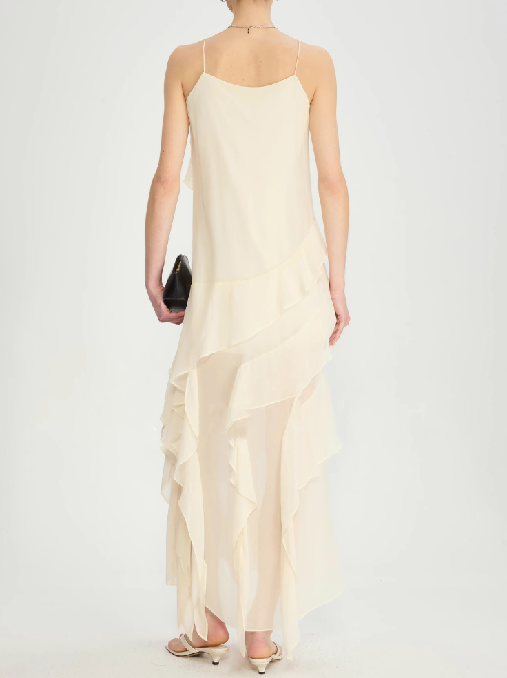 Asymmetric Ruffled Strappy Long Dress