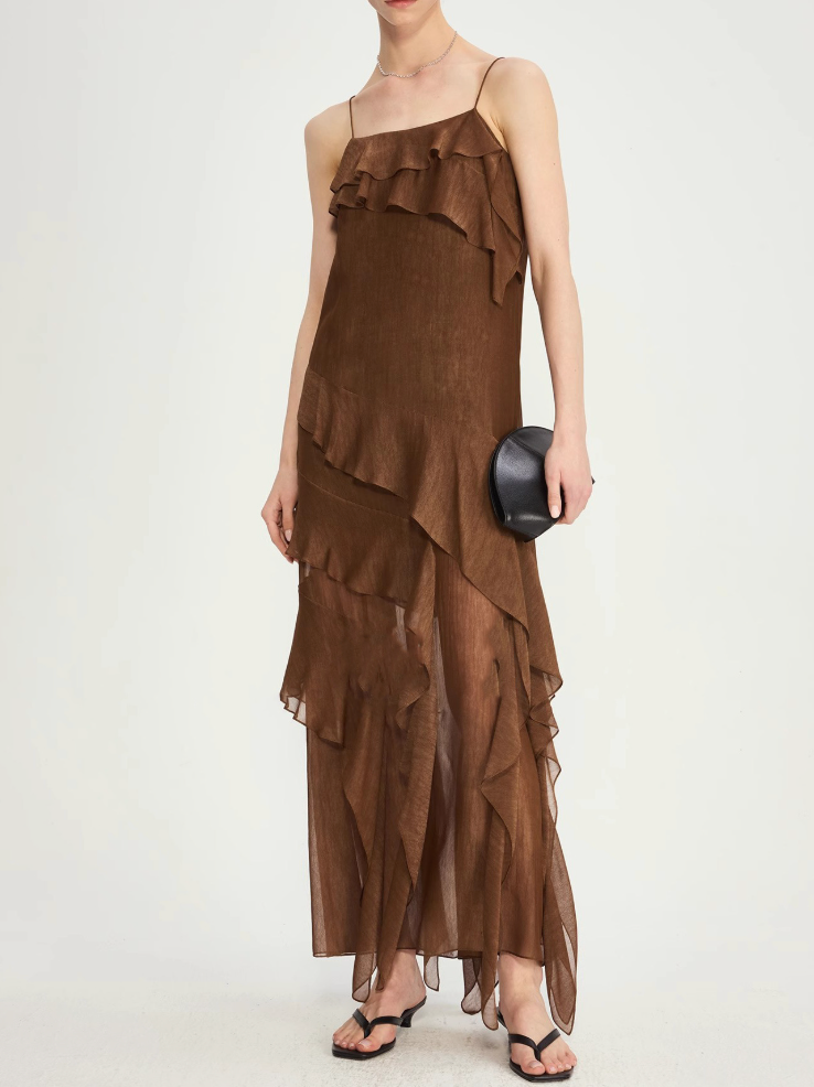 Asymmetric Ruffled Strappy Long Dress