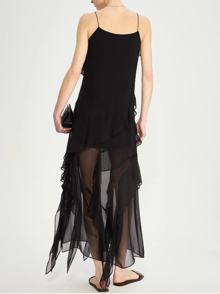 Asymmetric Ruffled Strappy Long Dress