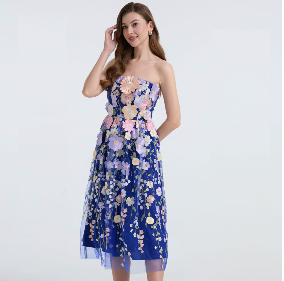 Strapless 3D Floral Embroidered Long Dress