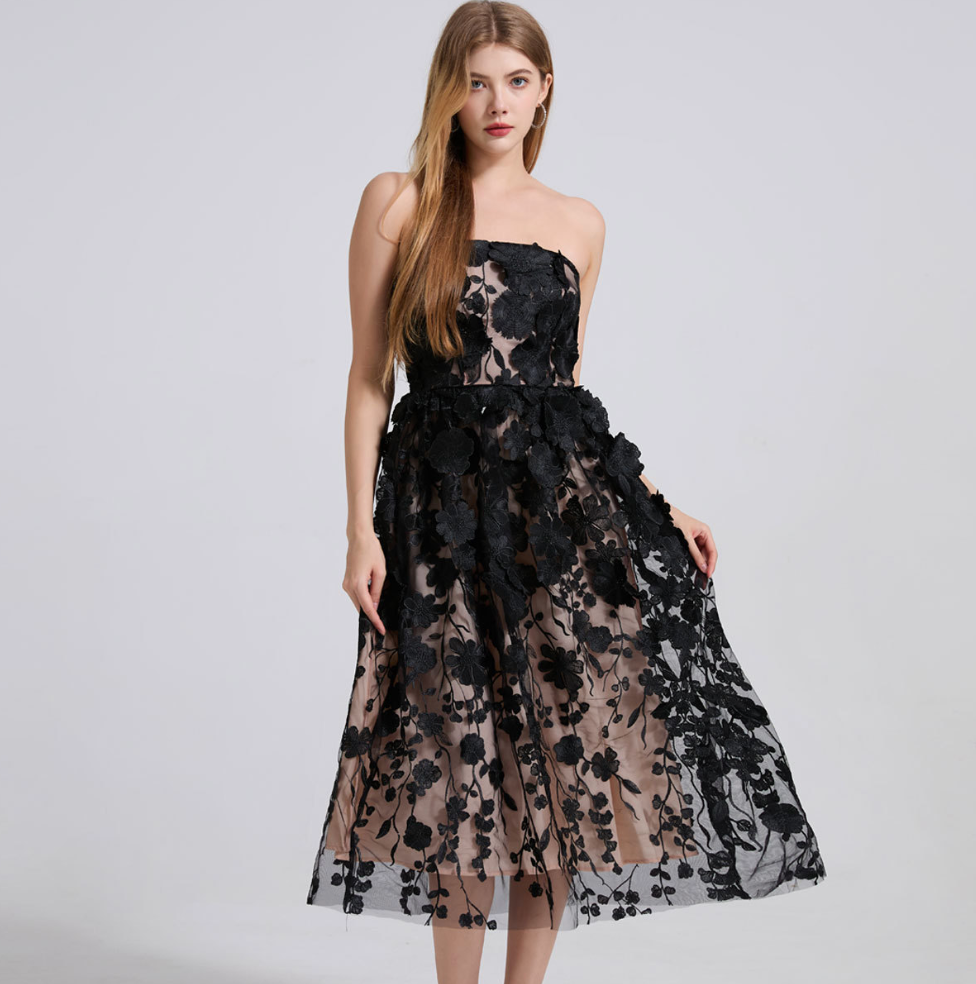 Strapless 3D Floral Embroidered Long Dress