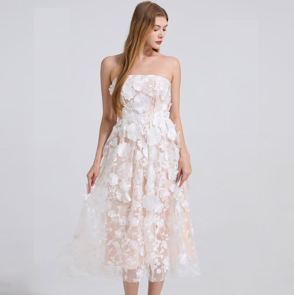 Strapless 3D Floral Embroidered Long Dress