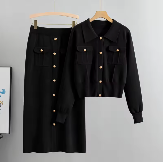 Elegant Knit Cardigan and Skirt Set