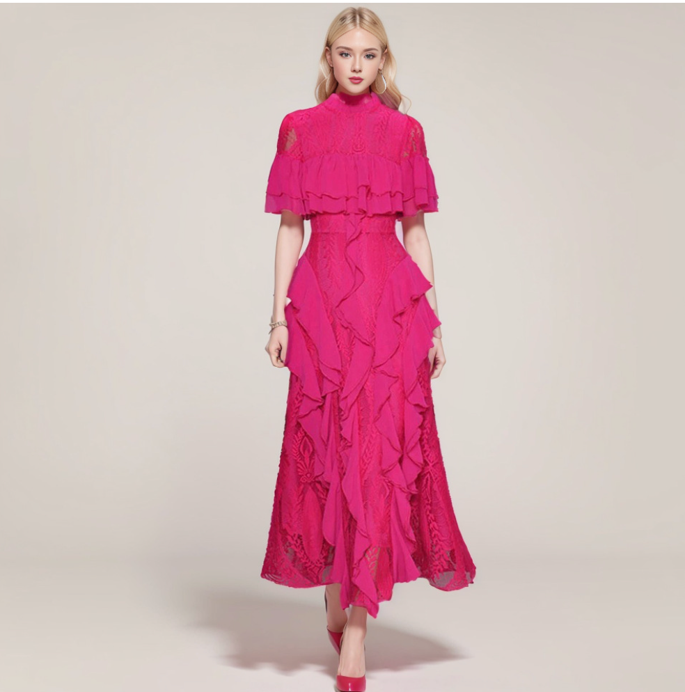 Frilled Short Sleeve Lace-Trim Lotus Dress