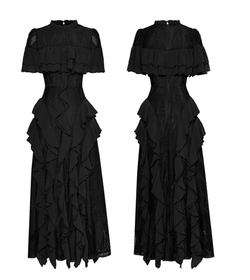 Frilled Short Sleeve Lace-Trim Lotus Dress